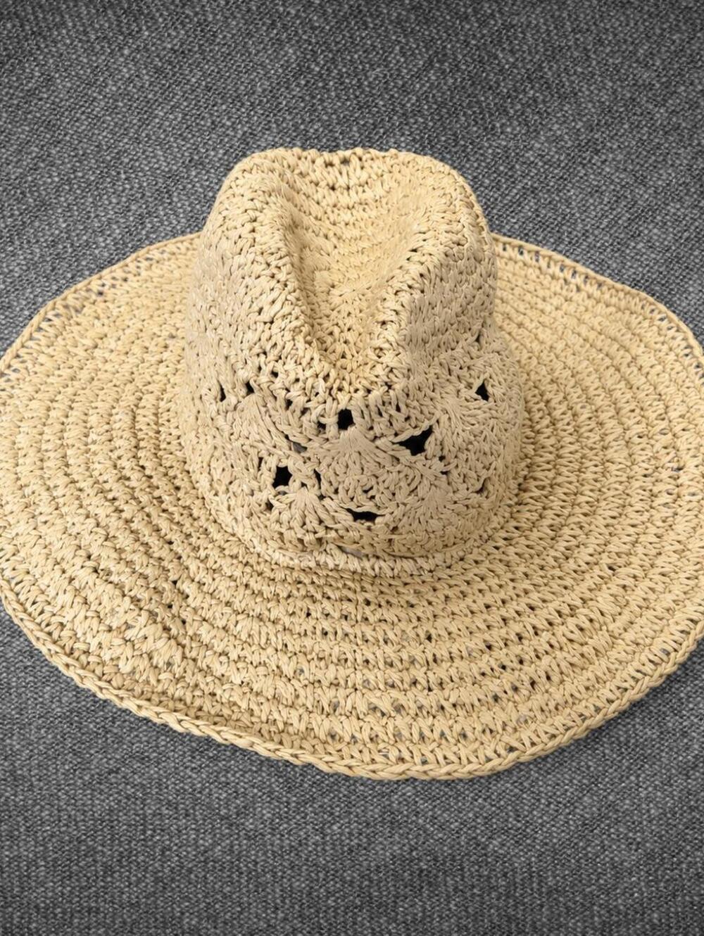 Women’s Beige Crochet Paper Straw Wide Brim Sun Hat